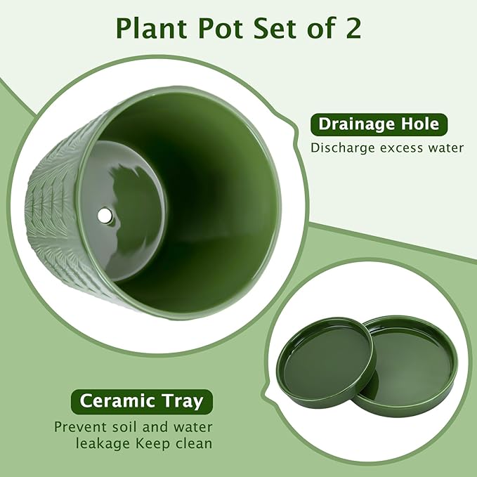 EFISPSS 5+6 Inch Plant Pot, Ceramic Pots for Plants with Drainage, Flower Pots Indoor Pots for Plants, Modern Flower Pots for Home and Office Windowsill Decoration Gift Set of 2 - Patina