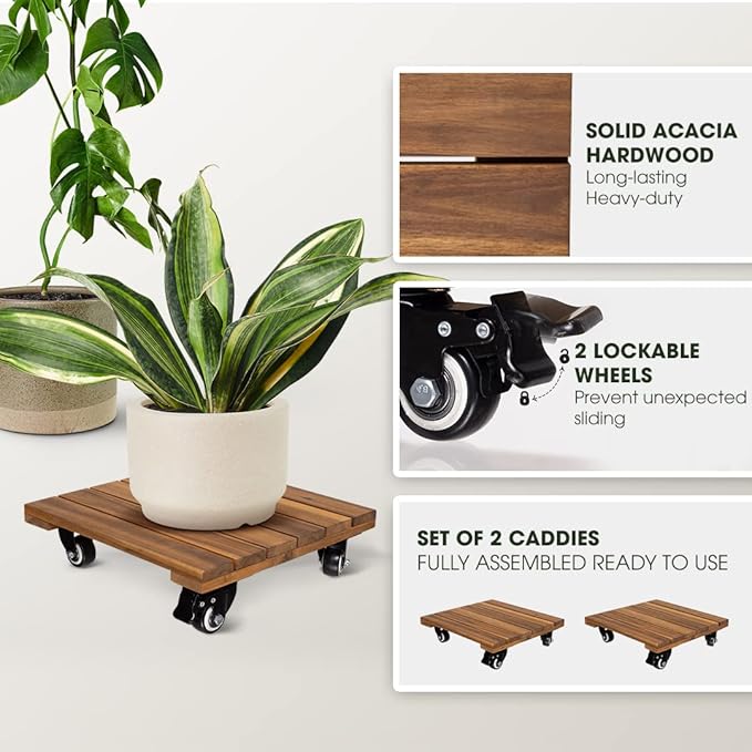 2pack Wood Plant Caddy With Wheels Heavy Duty, 264 Lbs Capacity, 12 Inch Acacia Hardwood Plant Dolly, Plant Stand with 360° Lockable Wheels for Plant Pots, Heavy Objects Hauling - Natural Wood