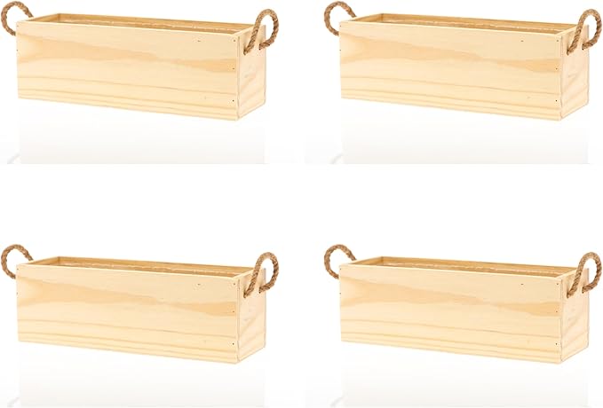 Wooden Planter Box with Handle, Rose Wood, Plastic Liner l Garden Decor l Restaurant and Wedding Decorations l Wedding Bouquets, Table Centerpiece, 12 x 4 Inches, (12x4 w Handle Set of 4, Rose Wood)
