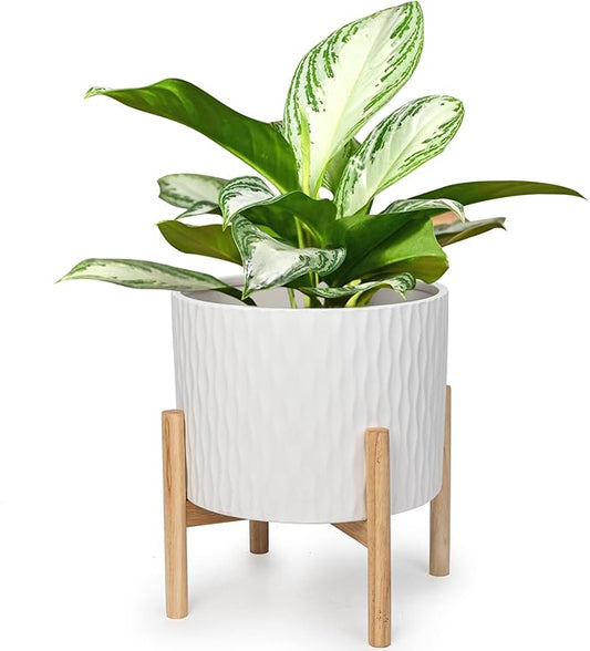 LaDoVita Ceramic Plant Pot with Stand, 10 Inch Planter with Wood Shelf, Modern Round Flower Pots Indoor with Wood Planter Holder, White Water Ripple Pattern