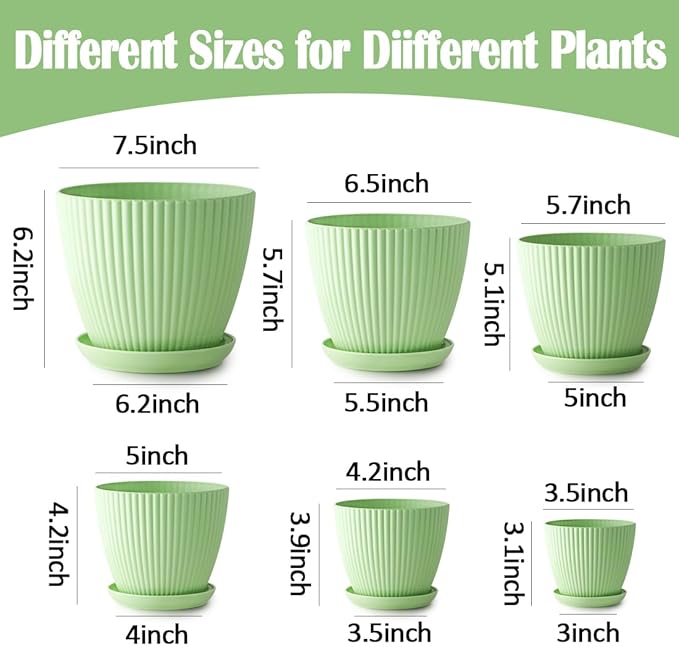 Plant Pots with Drainage Holes and Tray Saucer - 7.5/6.5/5.5/4.9/4.2/3.5 Inches Flower Pots - 6 Pack Thick and Sturdy Planters for Indoor Plants Such As Orchid, Succulent and Herbs, Green