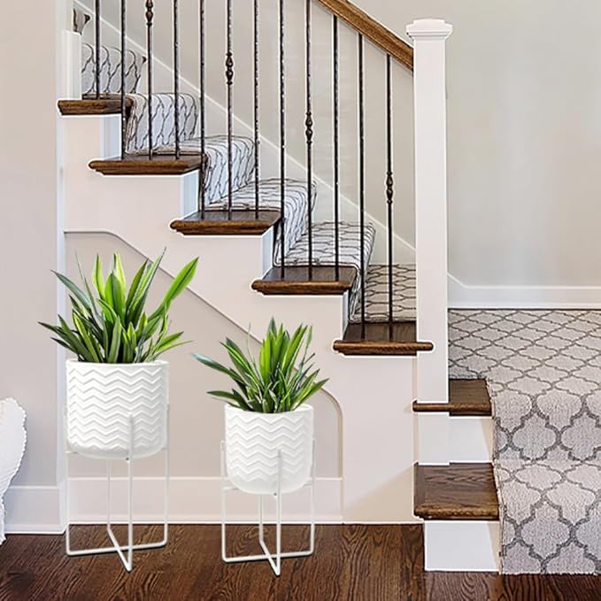 TRIROCKS Set of 2 Planters with Stand Indoor Outdoor Metal Plant Stand 18 &12" Tall Modern Planters Flower Pots for Living Room Corner Kitchen Office Garden Balcony Patio Decor(White)