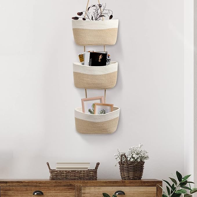 TeoKJ Over the Door Hanging Basket, 3-Tier Woven Cotton Wall-Mounted Storage - Image 6
