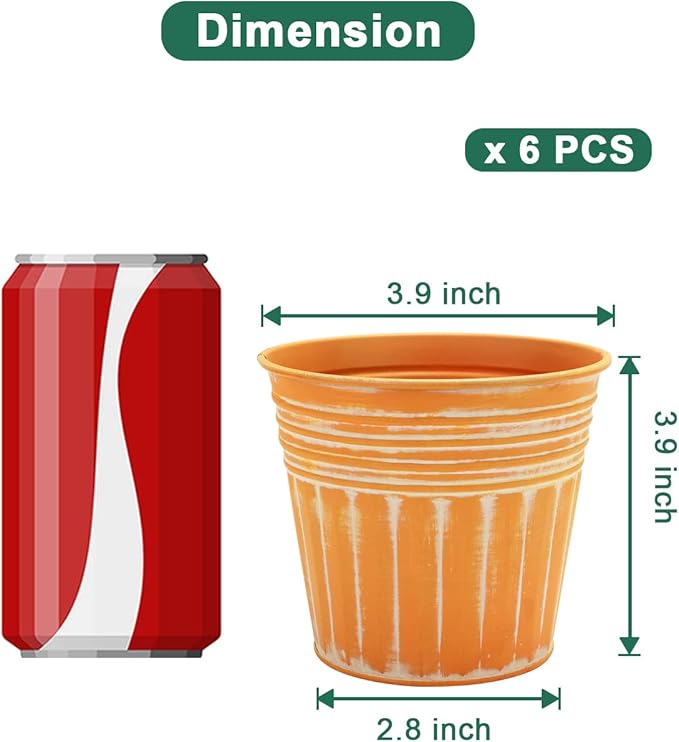 vensovo 4 Inches Orange Metal Rustic Flower Pots - 6 Pcs Small Galvanized Planters with Drainage Hole and Rubber Plug, Rustproof Tin Bucket Plant Pot Farmhouse Vintage Style for Decor