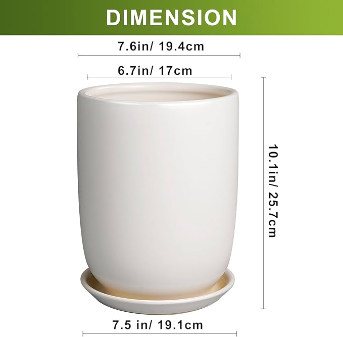 Plant Pot 8 Inch - Ceramic Planter for Indoor Plants Outdoor, Large Plant Pot with Drainage Hole and Saucer, Modern Flower Pot, White