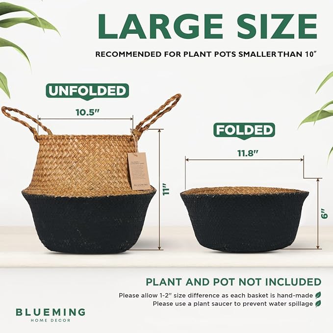 Basket Planter – Woven Seagrass Plant Pot for Tall Indoor Artificial Plants, Wicker Rattan Planters for Boho Decor 9-10 Inches (Black Bottom, Large)