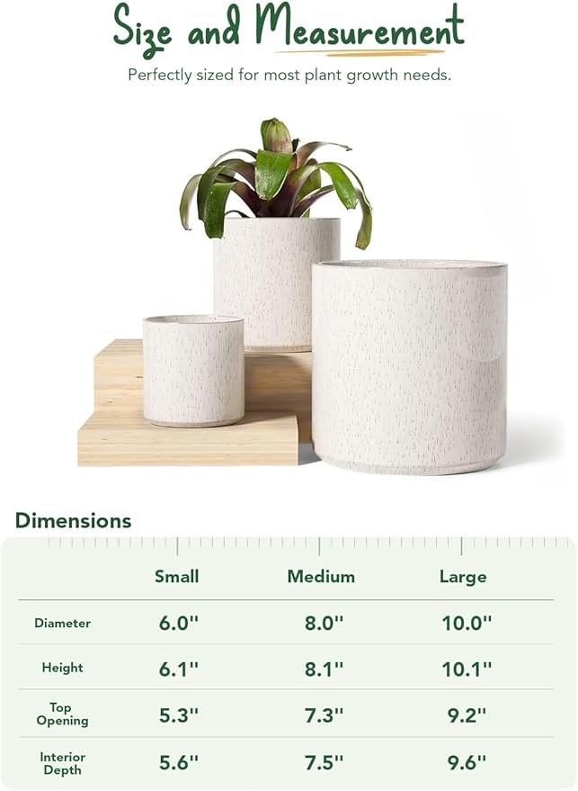 LE TAUCI Ceramic Plant Pots Indoor, 10+8+6 Inch Planters for Indoor Plants, Mid-Century Modern Flower Pots with Drainage Hole and Plug, Cylinder Round Planters, Set of 3, Reactive Glaze Beige
