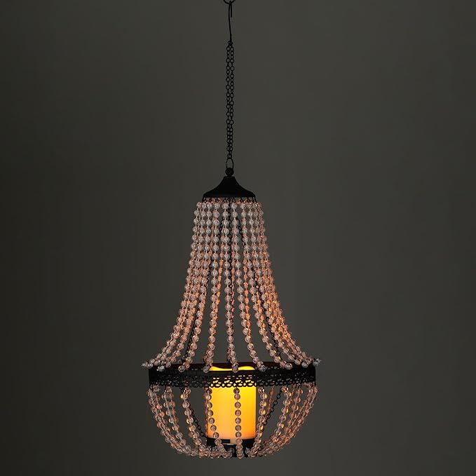Hanging Candle Lantern, 27” Battery Operated Modern Clear Acrylic Crystal Chandeliers with Flickering Yellow Led Candle Light S Hooks for Garden, Backyard, Gazebo, Room Indoor Outdoor Decor