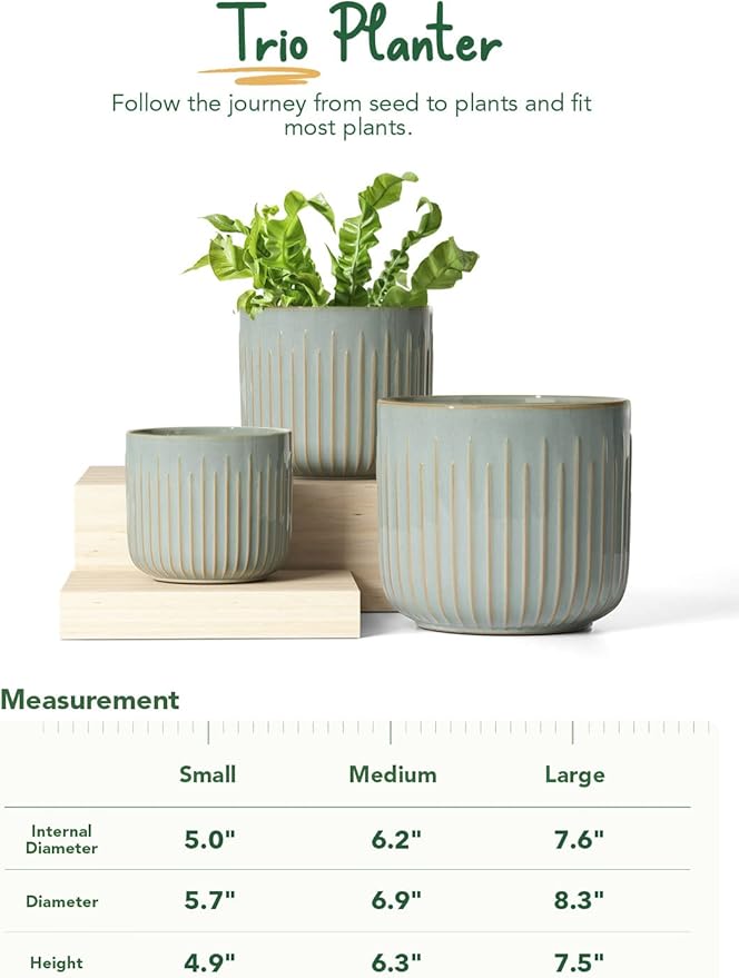 LE TAUCI Ceramic Planters, Set of 3 Plant Pots for Indoor Plants, 8.3+6.9+5.7 inch Flower Pots with Drainage Holes, Large Cylinder Planters Pot for Outdoor Indoor House Plants, Glaze Blue Gray