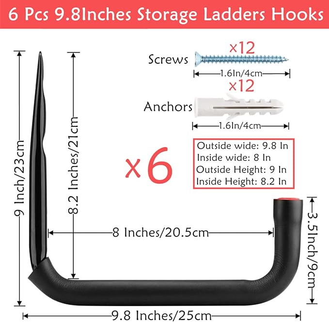 Garage Storage Ladders Hooks, 6 Pack Heavy Duty Utility Hanger, 9.8IN Wall - Image 2
