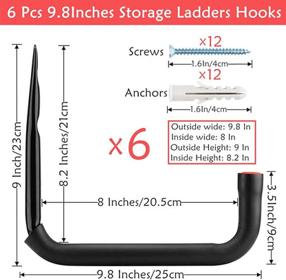 Garage Storage Ladders Hooks, 6 Pack Heavy Duty Utility Hanger, 9.8IN Wall - Image 2