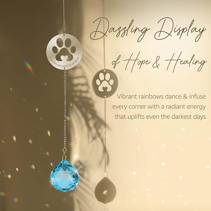 Dog Memorial Gifts, Unique Loss of Pet Sympathy Idea, Sky Blue Crystal Ball Rainbow Suncatcher with Paw Print for Cat or Dog Remembrance and Bereavement