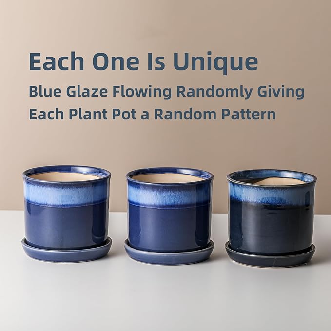 5.8 Inch Plant Pot: Ceramic Planter with Drainage Hole & Saucer - Gradient Blue Flowerpot for Indoor & Outdoor Plants with Separate Tray