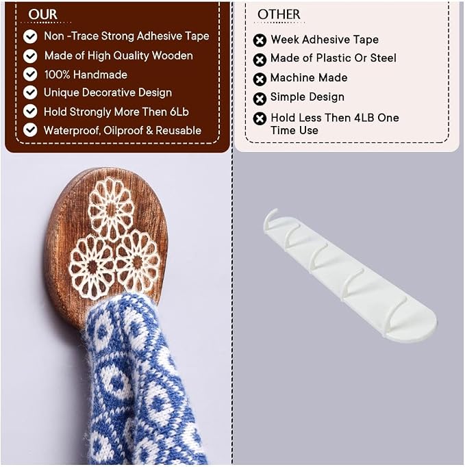 IndianShelf 6 Lb- 24 Pieces Decorative Wood Adhesive Wall Hooks–Boho Peel and - Image 4