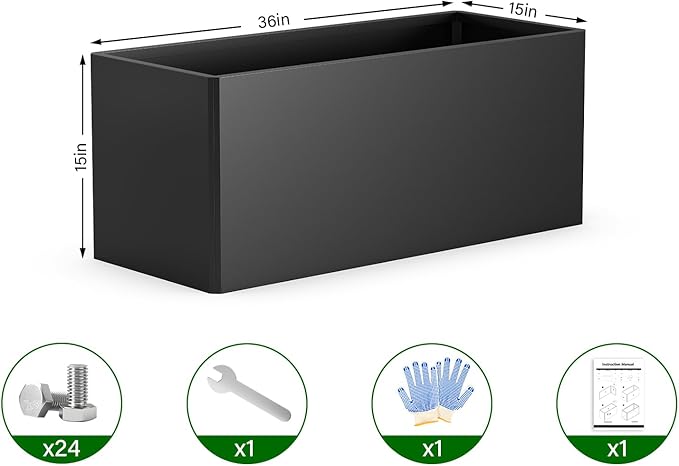 Rectangular Planter Box (36''L x 15''W x 15''H) Large Planter Box Outdoor, Metal Planters with 6 Drainage Holes for Commercial Residential Patio Deck and Backyard, Black