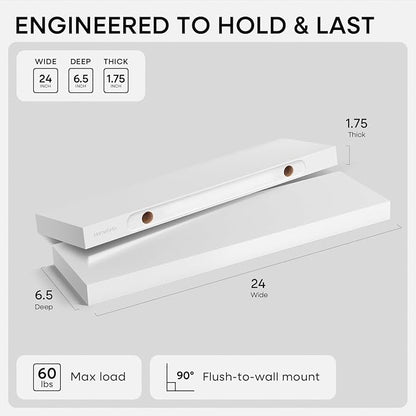 Homeforia White Floating Shelves 24 inch, High End Solid Real Wood 24inch - Image 2