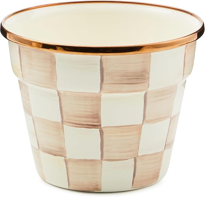 MACKENZIE-CHILDS Enamel Garden Pot, Decorative Pot for Plants, Outdoor Flowerpot Decor, Small, Brown-and-White Mocha Check