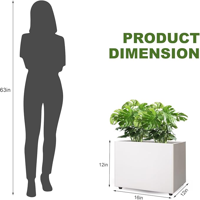Planter Box Rectangular Block - 16×12×12IN Galvanized Steel Metal Long Box Planter Easy Installation Modern Outdoor Tall Planters All-Weather Use with Drainage Holes for Patio/Porch(White)