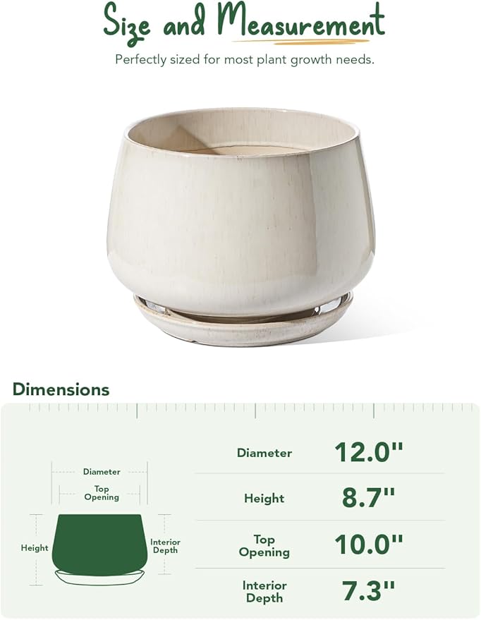LE TAUCI Ceramic Planters, 12 Inch Pots for Plants, Indoor Plant Pots with Drainage Holes and Saucers, Modern Planters Fit Mid Century Plant Stand, Flower Pots for Indoor Plants, Reactive Glaze Beige