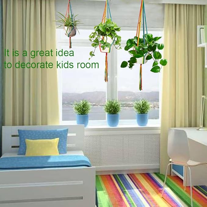 Rainbow Macrame Plant Hangers Indoor Outdoor, 3 Pack Different Size Flower Pot Holder Hanging Plant Holder for Windows Garden Boho Home Decor