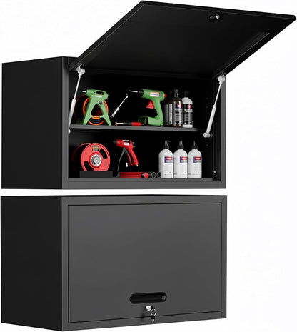 Garage Wall Cabinet with Flip-Up Door and Shelf, Lockable Metal Storage Cabinet by BIZOEIRON