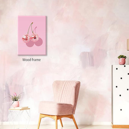 Funky Pink Cherry Poster Retro Disco Ball Canvas Wall Art 12X16 inch Framed - Image 6
