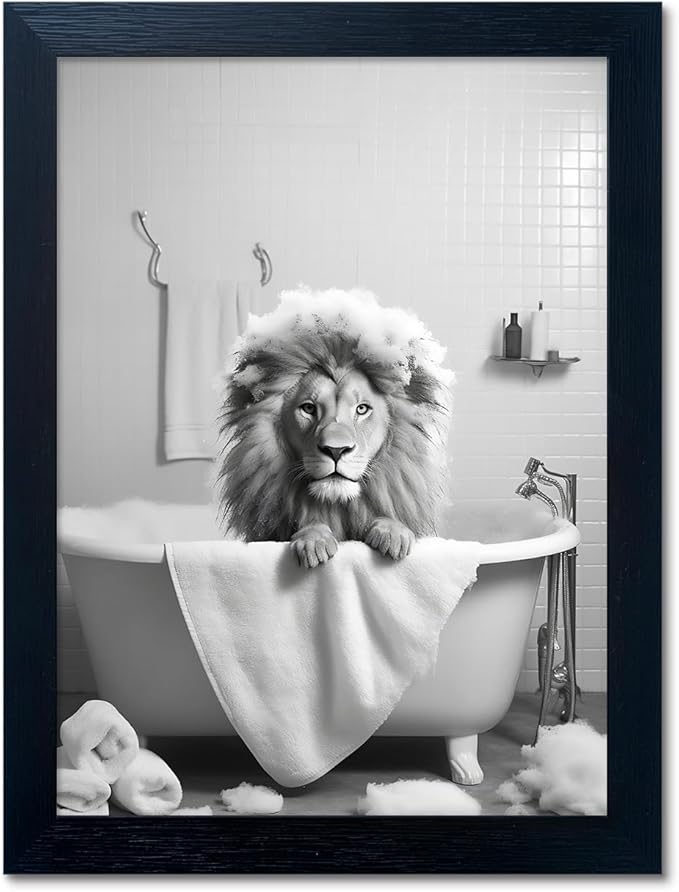 Black and White Lion Canvas Wall Art Bathroom Pictures Paintings by Melpa+Art