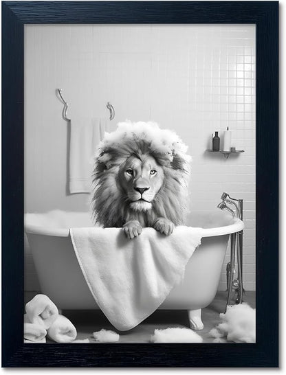 Black and White Lion Canvas Wall Art Bathroom Pictures Paintings by Melpa+Art