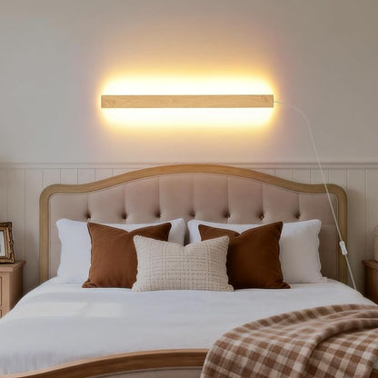 Modern Plug in Wall Sconces, 23.6 inch Faux Wood Texture Finish LED Long Wall by KELUOLY