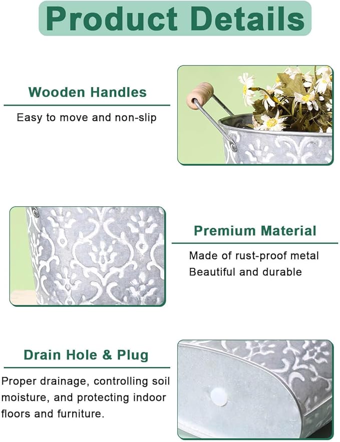 Galvanized Oval Planter Tubs for Outdoor Plants - Farmhouse Small Metal Tin Buckets with Drain Hole & Rubber Plug Medium Plant Containers with handles vintage style for decor, Set of 3(Flower Pattern)