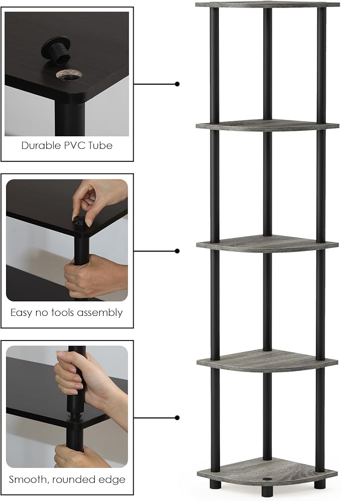 Furinno TURN-N-TUBE Corner Shelf Set of 2, 5-Tier Corner Bookshelf, Open - Image 4