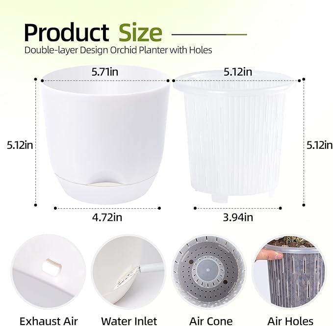 QCQHDU 2 Pack Orchid Pots with Holes for Repotting, Double-Layer and Self Watering Orchid Pot with Good Air Circulation