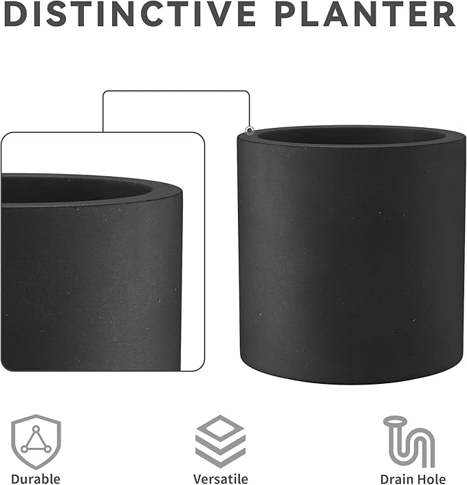 Kante 9.8",12.6",15.7" Dia Round Concrete Planter Set of 3, Modern Style Large Cylindrical Plant Pot with Drainage Hole and Rubber Plug for Indoor Outdoor Patio, Black