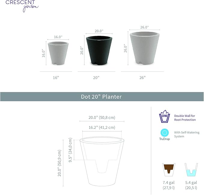 Crescent Garden Dot TruDrop Indoor/Outdoor Planter, Self-Watering Plant Pot, 20 Inches, (Caviar Black)