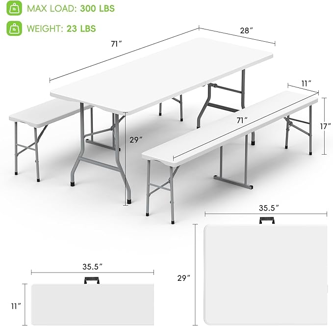 HLPB Folding Table Picnic Table Set, 6 ft Camping Table with 2 Benches, Outdoor Indoor Portable Folding Furniture for Working Meeting Party, Camping, Picnic, Weddings w/Handle and Safety Locks, White