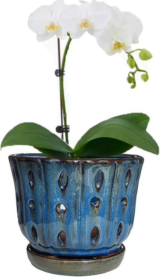 6 inch Round Ceramic Orchid Pot with Holes Orchid Planter (Dark Blue)