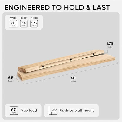 Homeforia 60 inch Natural Floating Shelf, High End Solid Real Wood 60inch Small - Image 2
