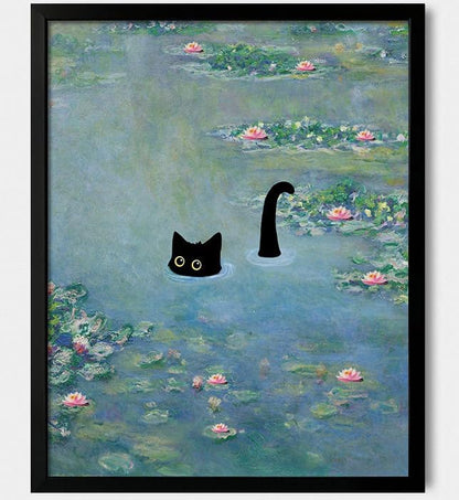Hamduker Funny Black Cat Wall Art, Monet Art Water Lily Cat Wall Art Decor by Unknown