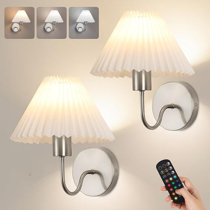Wireless Wall Sconce Sets of 2, Pleated Shades Rechargeable Battery Operated by KELUOLY