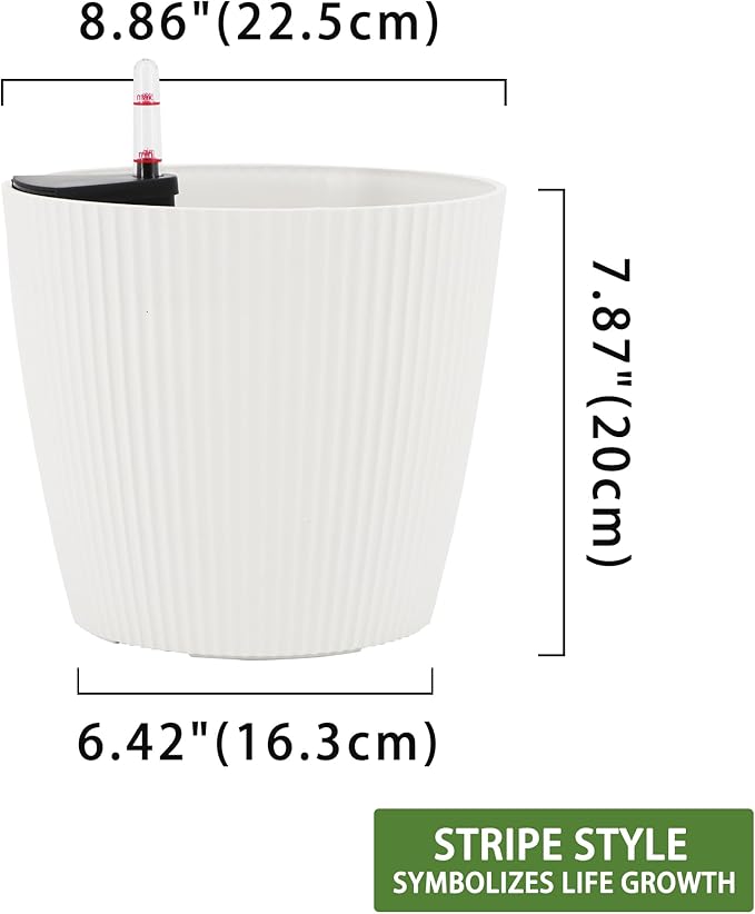 Dexceder 9x8 Self Watering Planters Indoor, Inner Mat Design, Table Flower Plant Pot with Water Level Indicator (2 Pack, White)