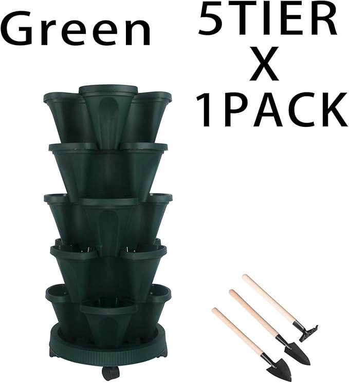 Vertical Planter 5 Tier Stackable Planters Garden Planters Strawberry Herb Flower and Vegetable Planter Indoor Outdoor Gardening Pots with Removable Wheels and Tools