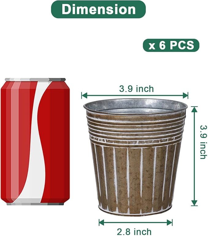 vensovo 4 Inches Brown Metal Rustic Flower Pots - 6 Pcs Small Galvanized Planters with Drainage Hole and Rubber Plug, Rustproof Tin Bucket Plant Pot Farmhouse Vintage Style for Decor