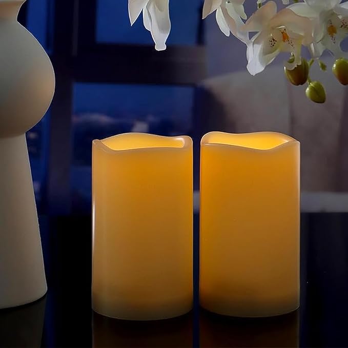 2 Pack 5'' Outdoor Battery Operated Candles with Timer Flameless LED Flickering Candles Waterproof Electric Pillar Decorative Candle for Wedding Party Home Lantern Garden