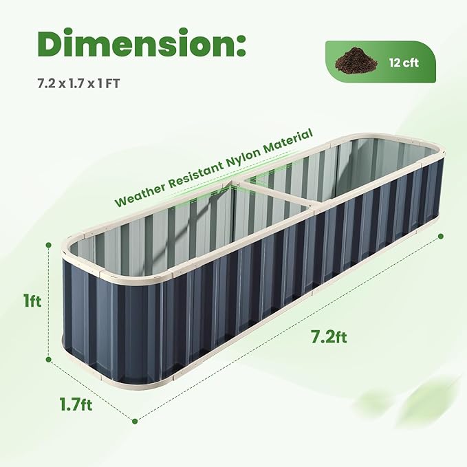 KING BIRD Raised Garden Bed Quick-Install Galvanized Planter Garden Box Outdoor for Gardening, Vegetables, Flowers 7.2x1.7x1 Ft, Dark Grey