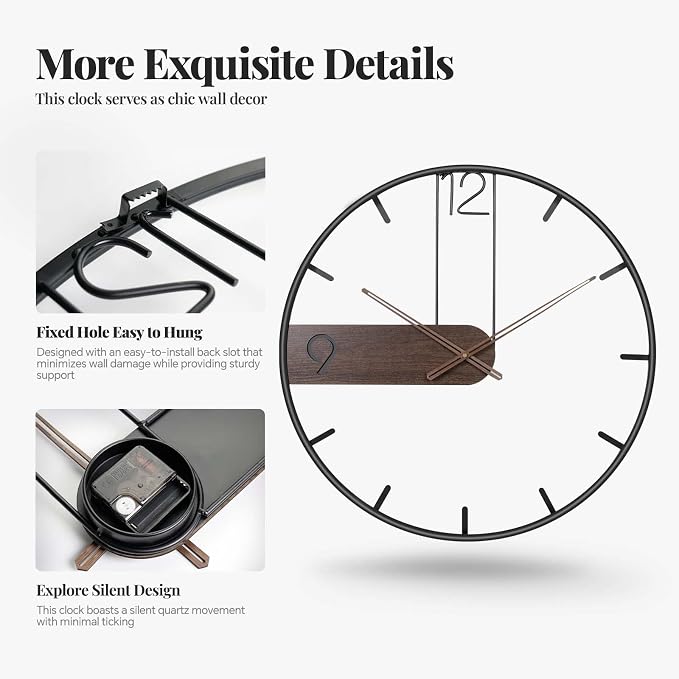 Cuspin 30 Inch Large Wall Clock, Modern Wood Metal Frame Silent Non Ticking - Image 4