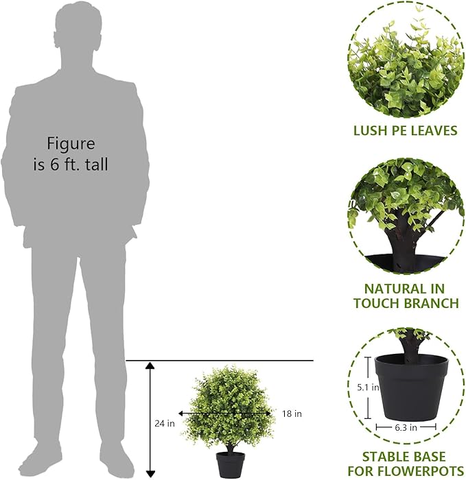 THE BLOOM TIMES 2ft Faux Boxwood Plants Outdoor Set of 2, Topiary Balls Artificial Outside Trees, 24" UV Resistant Fake Greenery Bushes & Shrubs for Front Porch Planter