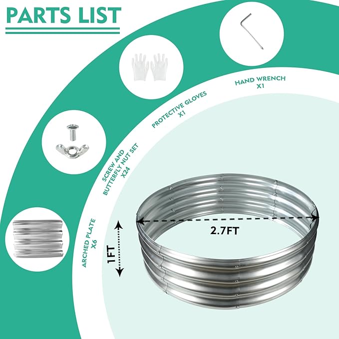 32 Inch Diameter Silver Galvanized Garden Raised Bed/Plant Box/Fire Ring-0.8mm Thick,12 Inch Tall,Crimped Edge and Corner,No Sharpe,Perfect for Plantings (2.7FT Diameter, Round)