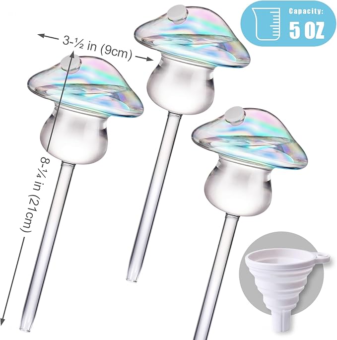 NiHome Iridescent Glass Mushroom Plant Self Watering Globes 3-Pack, Electroplated Hand-Blown Glass Automatic Plant Hydration System for up to 3 Weeks, Easy Refill Design with Adjustable Flow Rate