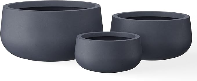 Kante 19.6",15.7",11.8" Dia Round Concrete Planters Set of 3, Outdoor Indoor Garden Plant Pots with Drainage Hole and Rubber Plug, Modern Curvaceous Design, Charcoal