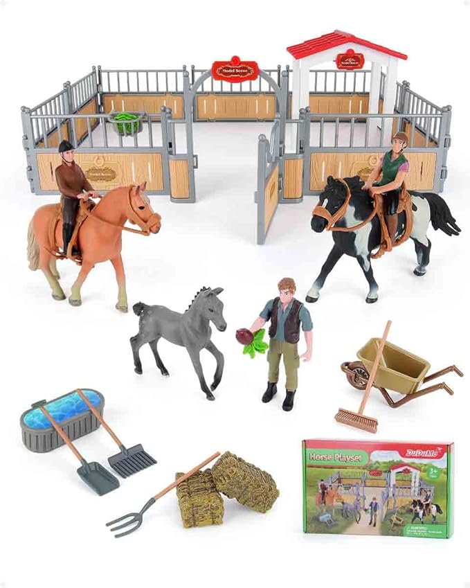 Horse Stable Playset, Horse Gifts for Girls and Boys with 3 Horses and 2 Riders, Horse Toys Set Farm Animals Toys for Kids 3 4 5 6 7 8+ (New Model), Green